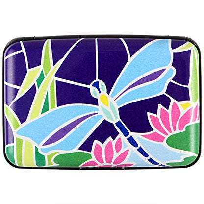 Credit Card Holder Small RFID Blocking Wallet Business Metal Slim Mini Aluminum Hard Case for Women Men - color: Dragonfly Flower