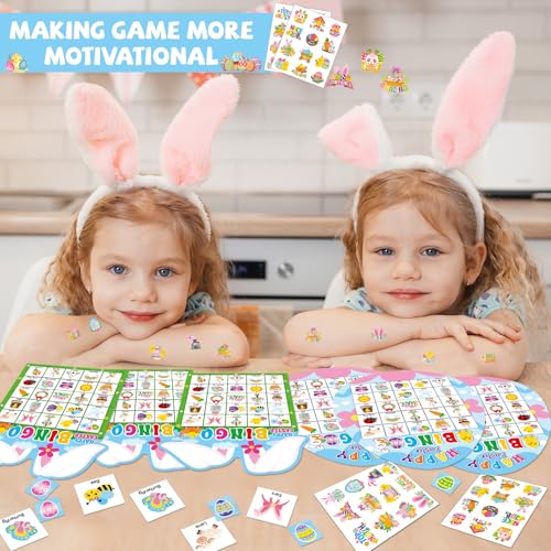 Lonfliness 39Pcs Easter Bingo Game for Adults Kids 24 Players Easter Bunny Egg Shape Bingo Game Cards with Reward Stickers for Family Friends Large Group Activities Happy Easter Spring Party Favors - style: Easter