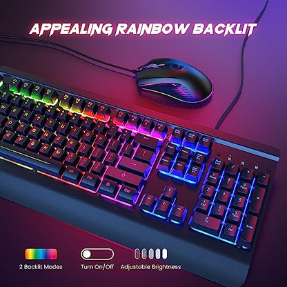Wired Gaming Combo, 104 Keys, Rainbow Backlit, 4200 DPI, for PC/Mac/Xbox | Wired Gaming Keyboard Mouse All-metal Panel, Multimedia Keys, Wrist Rest, Perfect for Windows PC Gamers Dacoity - color: Metallic
