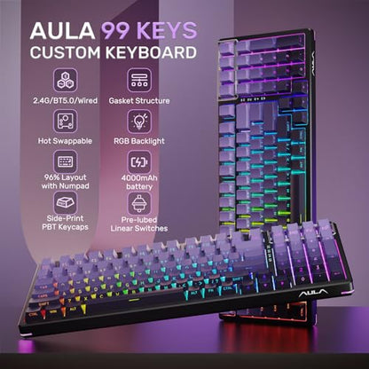 AULA Wireless Mechanical Purple Keyboard, Full Size Gaming Keyboards | Tri-Mode Bluetooth/2.4G/USB-C,8000mAh,RGB Backlit,Programmable 98 PBT Keycaps, Hot Swappable Pre-lubed Reaper Switches - color: Gradient Purple