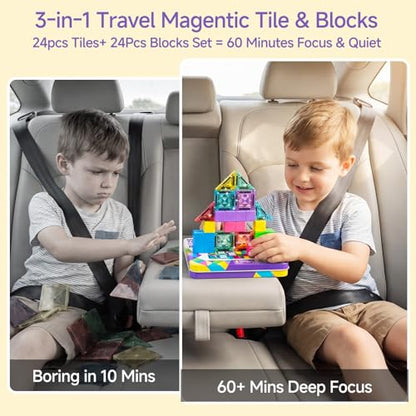 burgkidz Magnetic Tiles Travel Set: 48 PCS 3-in-1 Diamond Tin Box Mini Magnetic Blocks for Kids Ages 3-8, 60-Mins Quiet Focus with 45-Second Cleanup, Perfect for Air Travel & Car Trips Boys & Girls