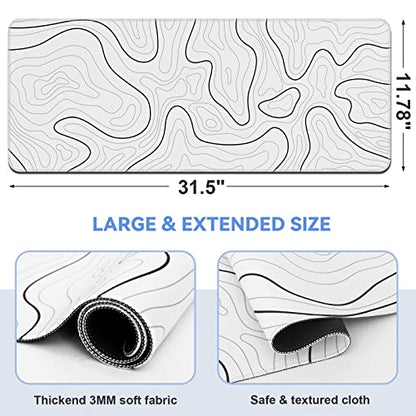 DIGSOM Mouse Pad Gaming, White with Black Topographic Line, 31.5x11.8in | XL Mouse mat, Smooth surface, Anti-slip rubber base, For keyboard and mouse, For home and office use - color: White with Black Line