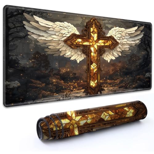 MTG Playmat 24" x 14" with High Elastic Rubber Base Non-Slip Rubber HD Fade-Resistant Printing Durable TCG Gaming for Card Games Desk Mat & Mouse Pad, Angel Winged Stained Glass Cross - color: Angel Winged Stained Glass Cross, size: 24" x 14"