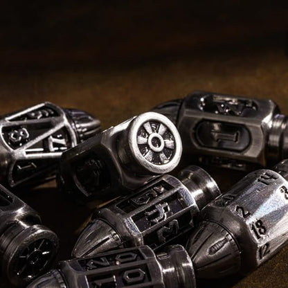 UDIXI Metal DND Dice Set, D&D Solid Polyhedral Bullet Metal Dice Set Nickel | 7PCS, Cool Design, Magazines Container and PU Leather Bag, for Dungeons and Dragons Role Playing Games and Tabletop Games RPG - color: Ancient Silver