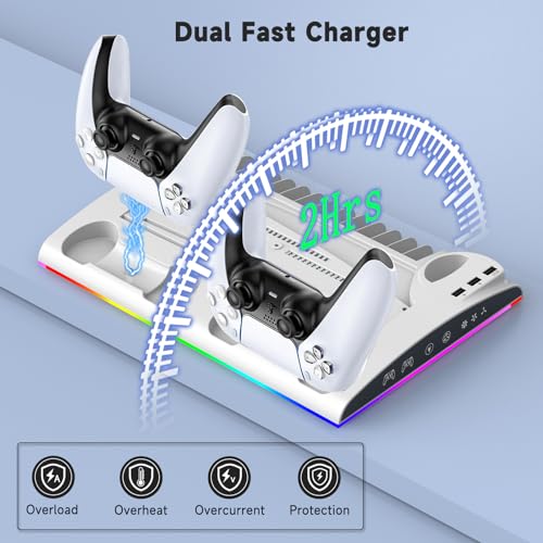 Cooling Station for PS5/PS5 Slim Disc & Digital Console, PS5/PS5 Slim Stand Cooling Stand with RGB Controller Fast Charging Station for PS 5 Console Accessories with Cooling Fan