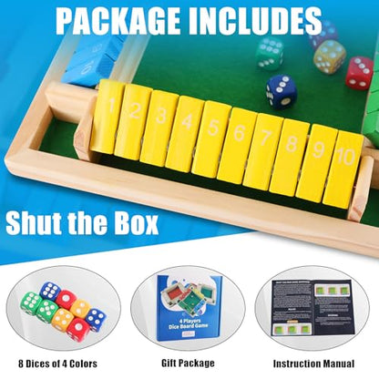 Shut The Box Dice Game, 4-Players Wooden Board Game with 8 Dices, Family Math Games for Kid and Adult,Perfect Tabletop Game for Classroom,Home,Pub, Camping and Party