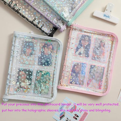 Kpop Photocard Binder A5 Kpop Photocard Holder Book with 50pc Holographic Photocard Sleeves&10 Korean Stickers, 6 Ring A5 Binder Photocard Album 25 Inner Pages with 200 Pockets - color: Lightblue