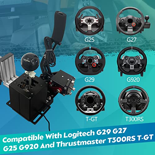 Dexepe PC USB Simulator Shifter 64 Bit Handbrake with Clamp L Shape Lever Kit Compatible with ATS ETS Dust WRC Sim Racing Games Compatible with G29 G27 G25 G920 T300RS/GT Steering Wheel Sequential H Gear Shifter 7+R Black PC System only