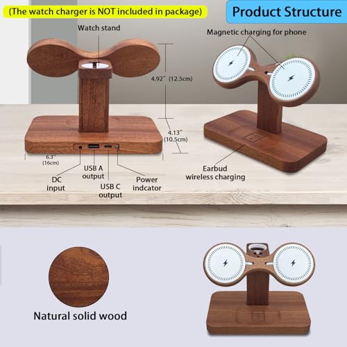 Wood Dual Phone Charging Station Compatible with Magsafe Charger Stand Magnetic Wireless Charger for iPhone 17 16 15 14 13 12 Series iWatch AirPods Wireless Charging Station for Apple Devices - color: Without Apple Watch Charger
