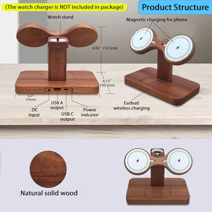 Wood Dual Phone Charging Station Compatible with Magsafe Charger Stand Magnetic Wireless Charger for iPhone 17 16 15 14 13 12 Series iWatch AirPods Wireless Charging Station for Apple Devices - color: Without Apple Watch Charger