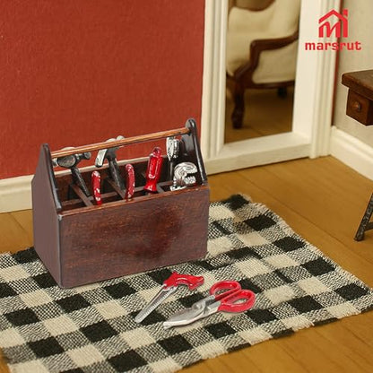 Miniature Tool Box Dollhouse 1/12 Scale Kit Set, 8Pcs Metal Working Tools with Mini Wood Toolbox, Doll Garage Accessories, Tiny Model for House Building, Garden Outdoor Repair, Rustic Farm Crafts