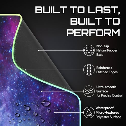 Gerlos RGB Gaming Mouse Pad, Large LED Desk Mat, 31.5 x 11.8 Inch | 12 light modes, non-slip base, water-resistant surface, stitched edges - color: Violet