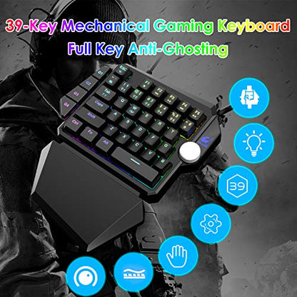 One-Handed RGB Mechanical Gaming Keyboard,Upgrade Multimedia Knob USB Wired Professional Gaming Keypad with Macro Function, Detachable Wrist Rest For PC/Xbox/PS4 (Black/Blue Switch)