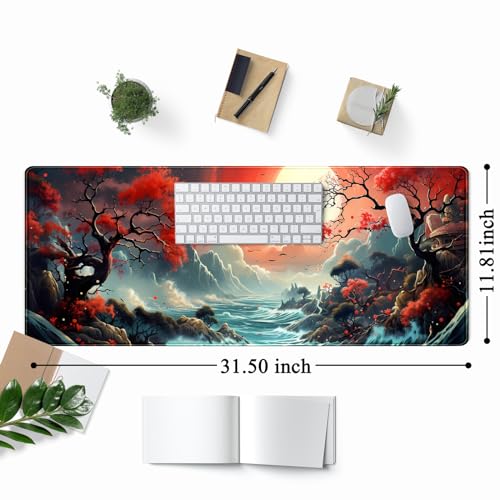 Japanese Desk Mat Extended Gaming Mousepad Japan Large Mouse Pad XL Oceanic Passage Aesthetic Desk Pad Keyboard Mat Laptop Desktop Mouse Mat 31.5''X11.8'' Deskmat with Stitched Edges - color: Oceanic Passage