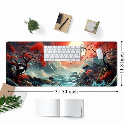 Japanese Desk Mat Extended Gaming Mousepad Japan Large Mouse Pad XL Oceanic Passage Aesthetic Desk Pad Keyboard Mat Laptop Desktop Mouse Mat 31.5''X11.8'' Deskmat with Stitched Edges - color: Oceanic Passage