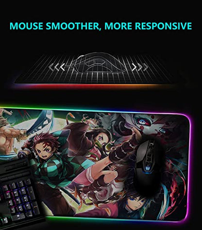 RGB Mouse Pad for Demon - Anime Tanjirou Large Mouse Pad for Computer with LED Light Edges Non Slip Rubber Base | Compatible with Kimetsu No Yaiba 11.8 x 31.5in Long Mouse Mat
