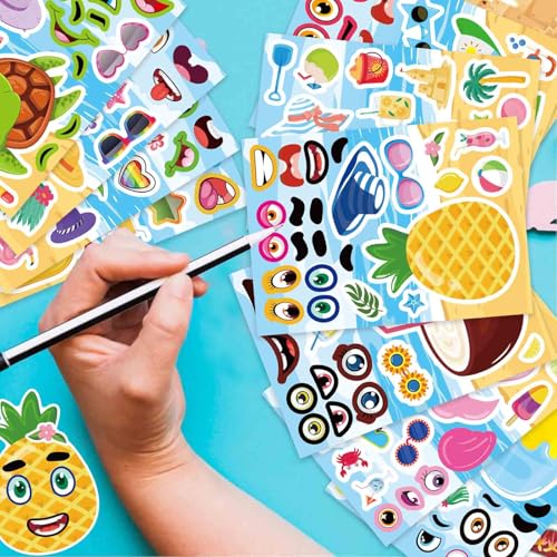 Summer Stickers, Make a Face Sticker, Hawaii Tropical Pool Beach Stickers | 24 Sheets Make Your Own Sticker with Pineapple Flamingo Beverage, Summer Holiday Party Favors - style: Summer
