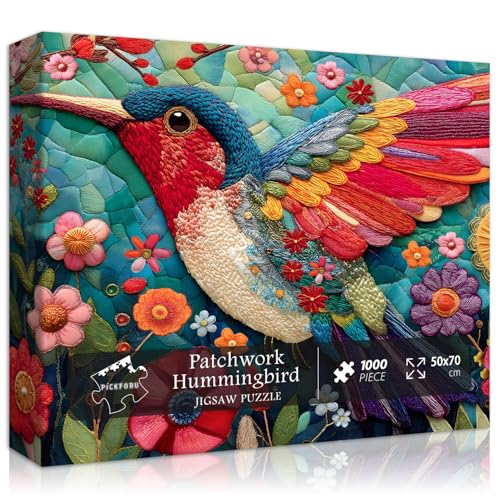 Hummingbird Puzzles for Adults 1000 Pieces, Bird Flower Garden Patchwork Art Quilt Puzzle, Beautiful Spring Floral Difficult Hard Jigsaw Puzzles with Animals, Colorful Challenging for Adults - style: Patchwork Hummingbird
