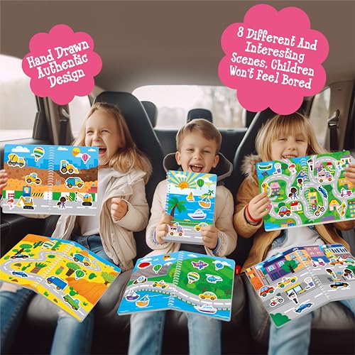 Reusable Jelly Sticker Book, 53 Vehicle Thick Jelly Stickers Waterproof Gel Cling Decals Transportation Themed Busy Book Hands-on Activity Travel Game Educational Learning Toys for Toddlers, Kids
