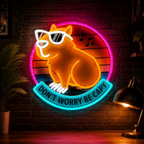 Don't Worry, Be a Capybara! Neon Signs, Capybara LED Neon Wall Decorations. | USB-powered, dimmable LED neon lights are suitable for wall decoration, ideal for game rooms, bars, and men's-only spaces. - color: Pink + Orange