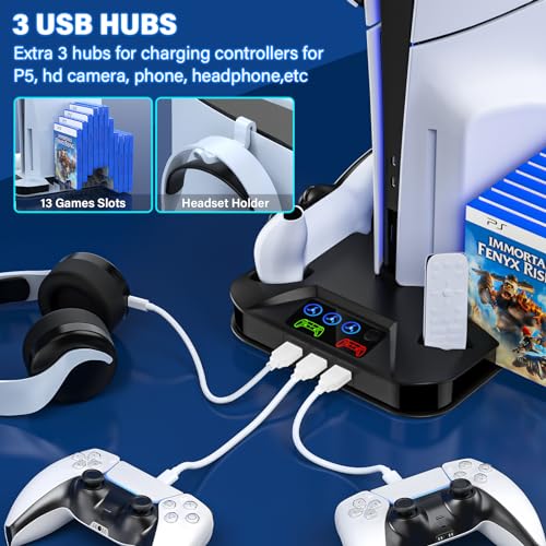 PS5 / PS5 Slim Cooling Station with Controller Charging Station for PlayStation 5 Console Disc/Digital, Cooling Stand for PlayStation 5 Slim with Cooler Fan Accessories with 3 USB Hubs/Headset Holder - color: Black