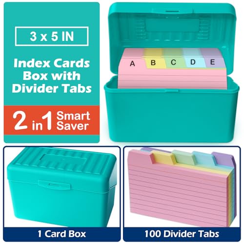 Olivo 3x5 Index Card Holder Box with 100 Cards Dividers Tabs 3"x 5", Teal - color: Teal