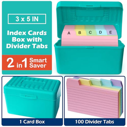 Olivo 3x5 Index Card Holder Box with 100 Cards Dividers Tabs 3"x 5", Teal - color: Teal