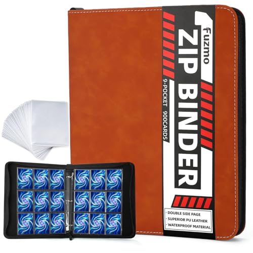 9 Pocket Trading Card Binder, 900 Cards Zip Album, Orange | 50 Pcs Double Sided Sleeves, 3 Rings, Card Organizer for Baseball, Football, Basketball, Sports, Game Cards - color: Orange