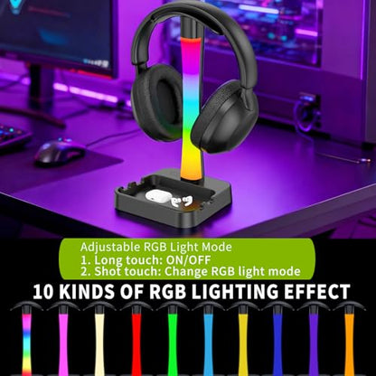 Headphone Stand with Charger,Gaming Headset stand with RGB Light Mode,For Airpod Max Stand,Desk Lamp,Phone Holder,Tablet Holder,desktop organizer,Gifts for Gamers & Music Lover(Black) - color: Black