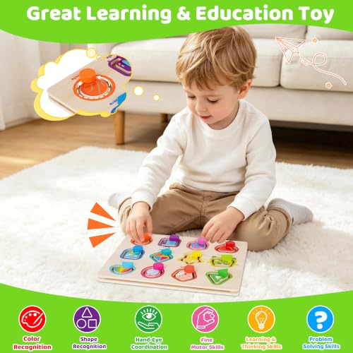 Melofaver Montessori Wooden Movable Color Shape Board Puzzle for Toddlers | Wooden Shape Matching Game, Preschool Educational Learning Toys, Christmas Birthday Gifts for Kids 3 4 5 Years Old Boys Girls