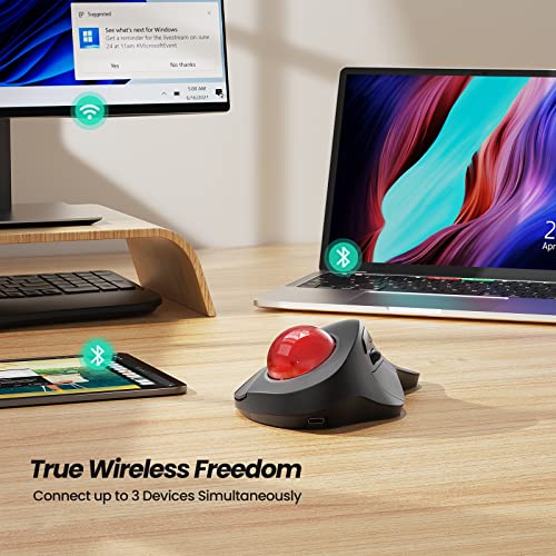 Nulea M505A Wireless Trackball Mouse Ergonomic 44mm Index Finger Control | Rechargeable rollerball mouse with 5 DPI levels, Bluetooth connection, smooth tracking, compatible with PC Mac Windows - color: A-Red