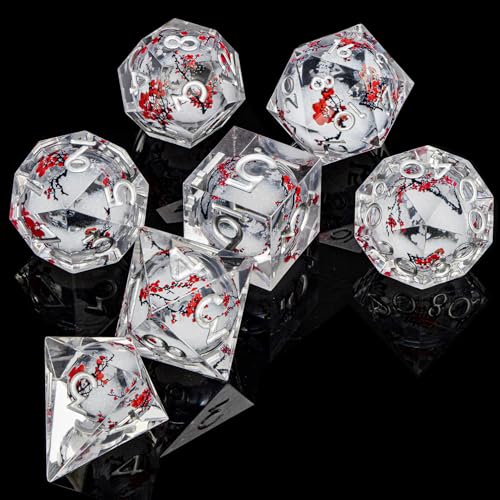 ARUOHHA DND Resin Dice Plum Blossom Liquid Core White Sharp Edge Dragons Polyhedral Dice Set with Gift Box, Compatible with D&D Role Playing Game Dungeons D and D Dice Set D20 D12 D10 D6 - color: Flower&silvery White