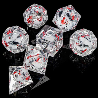 ARUOHHA DND Resin Dice Plum Blossom Liquid Core White Sharp Edge Dragons Polyhedral Dice Set with Gift Box, Compatible with D&D Role Playing Game Dungeons D and D Dice Set D20 D12 D10 D6 - color: Flower&silvery White