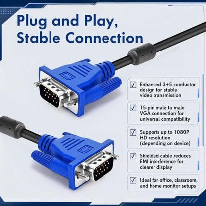 20 Pack 5ft Vga Cable Hd15 Male to Male, High Speed 1080p Fhd 60hz High Resolution Video Adapter for Monitor TV PC Projector Gaming Console