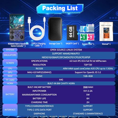 S600 Retro Gaming Console, Retro Handheld Console 4.0'' Screen Linux System, 64G TF Card, Support 30+ Simulators, 3500mAh Rechargeable Portable Pocket Arcade - color: Black