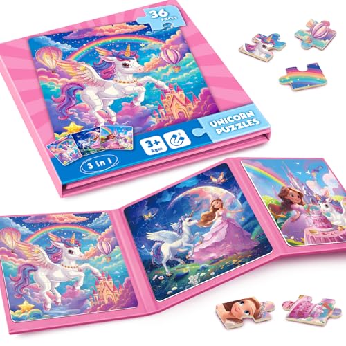 Magnetic Jigsaw Puzzles for Toddlers Kids 3-8 Girls,(3 36-Pieces) Travel Puzzles Toys for Kids Ages 4-6,Take-Along Car Airplane Road Trip Activities Game for 3 4 5 6 7 8 Year Old Birthday Gift - style: Unicorn Princess