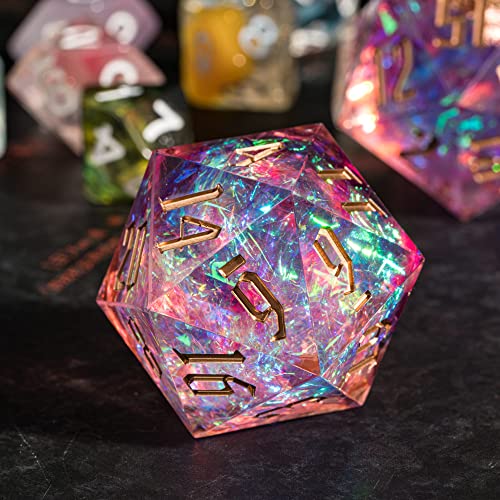 Cusdie Single D20 DND Dice with Sharp Edges and Glitter Foil Inclusions, 20 Sided D&D Dice, 33mm Handcrafted Polyhedral Dice, for Role Playing Game (N Pink) - color: Pink