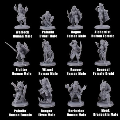 12 Pcs Unpainted Fantasy RPG Miniatures Set, 28mm Scale Resin Miniature for Wargaming and Board Games, 1-Inch Base, 12 Different Classes