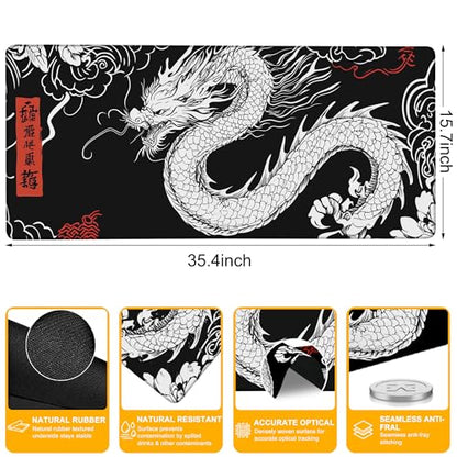 Large Mouse Pad Black and White Japanese Dragon Waterproof Extra Large Mousepad with Stitched Edges Non-Slip Rubber Base Computer Protector Desk Pad for School Office Home 35.4"X 15.7" - color: Fantasy Castle Night