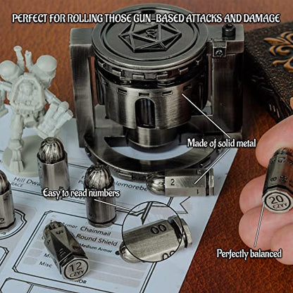 CZYY Metal Polyhedral Bullet Dice Set with Spinning Revolver Cylinder Case | Complete 7-Dice Set, Solid Metal, RPG Fidget Tool, Accessories for DND, Sci-Fi, Western & Tabletop Game Themes, Silver - color: Silver