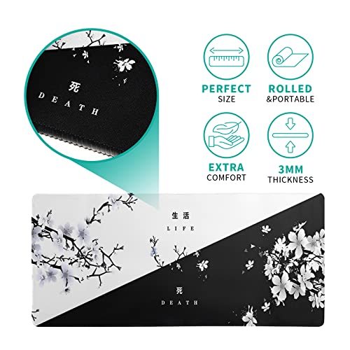 Black and White Japanese Cherry Blossom Gaming Mouse Pad Sakura Death Life Flower Mat 31.5x11.8 Inch Texture Non-Slip Rubber Base Mousepad Stitched Edges Keyboard Desk Pad for Office Home Game - color: Black and White Cherry Blossom
