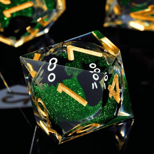 Liquid Core Cat DND Dice Set 7Pcs with Box- Sharp Edge Cute Cat Style Resin Dice for D&D, Roleplaying Games, RPG, MTG, Table Games D20 D12 D10 D8 D6 D4(Cathead-Green)