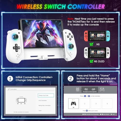Moonag Switch Controllers Compatible with Nintendo Switch/OLED, Hall Effect One-Piece Controllers with 6-Axis Gyro, Motion Control, Wake-up, Dual Vibration, Turbo, 1000mAh Battery, White - color: White
