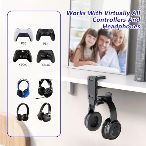 3-in-1 Gaming Headset Stand with Controller Holders Clamp-on Under Desk Rotating Headphone Hanger Adjustable PC Desk Headphone Holder with Cable Organizer - color: black