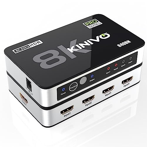 Kinivo 8K HDMI Switch (8K 60Hz, 4 in 1 Out, 48Gbps HDMI 2.1 Hub, Ultra HD Switcher, HDR10+, Dolby Atmos) - Compatible with HDTV, Nintendo Switch 2, PS5, Xbox, Apple TV - size: 8K - 4 Port