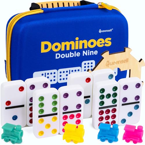 Queensell Double 9 Dominos Set for Adults and Kids with Colored Dots – Classic Dominoes Game Set with 55 Tiles, Wooden Hub, Trains and EVA Carrying Case - style: Double 9 Color Dots
