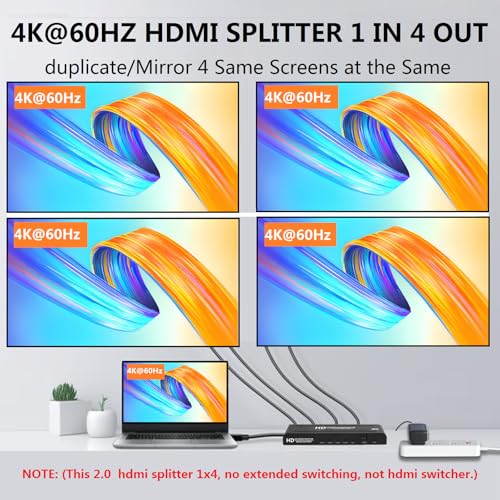4K@60Hz 1x4 HDMI Splitter 1 in 4 Out 4:4:4,18 Gbps,4 Port Powered HDMI 2.0 Splitter Support Auto Down Scaler, 4K 1080P Sync, HDR10,3D, Only Duplication/Mirror Screens (Not Extend) for PS5/Xbox/HDTV - size: 1x4 splitter 4K@60Hz