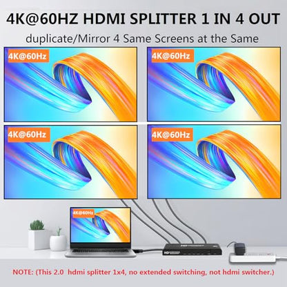 4K@60Hz 1x4 HDMI Splitter 1 in 4 Out 4:4:4,18 Gbps,4 Port Powered HDMI 2.0 Splitter Support Auto Down Scaler, 4K 1080P Sync, HDR10,3D, Only Duplication/Mirror Screens (Not Extend) for PS5/Xbox/HDTV - size: 1x4 splitter 4K@60Hz
