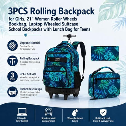 3Pcs Rolling Backpack for Boys Men, Travel Roller Backpacks with Wheels for Adults, Teens College Leaf Wheeled Bookbag with Lunch Box(Green) - color: Green Leaf