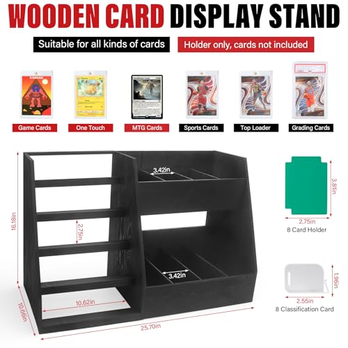 5-Tier Trading Card Display,Large Capacity Card Display Stand with 8-Row Storage & 8 Stoppers + Dividers,Wooden Graded Card Display Holds 200+ PSA BGS SGC Slabs for Sports Card and Game Card Collection - size: 25.7*10.6*16.2in